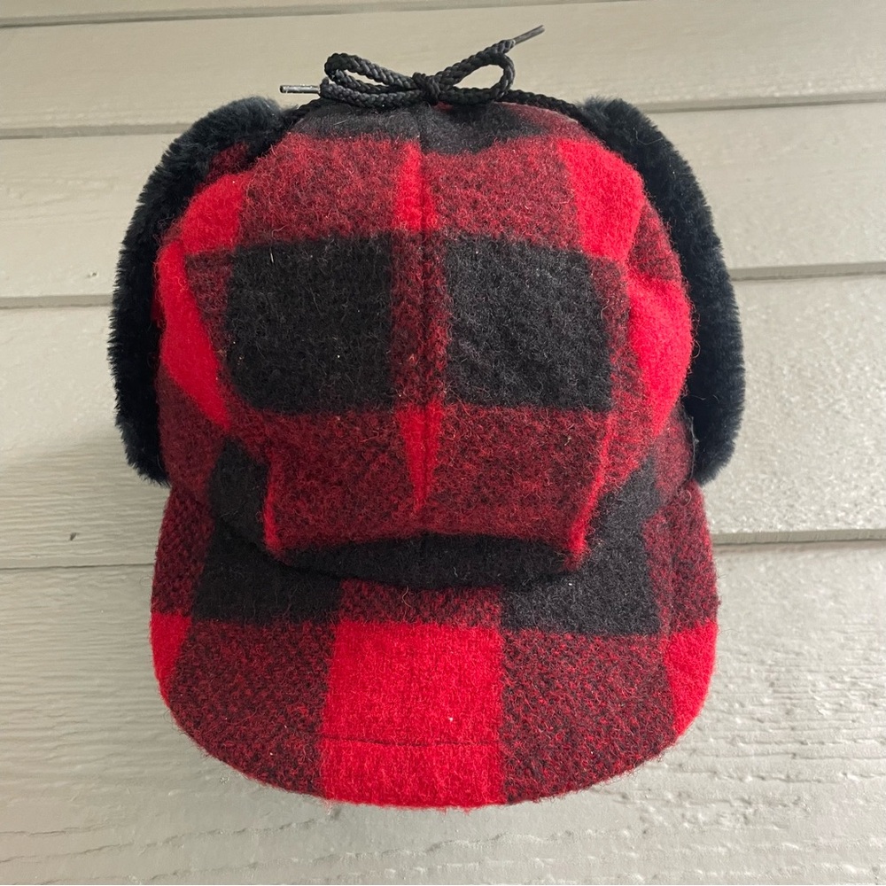 AMJ Pacific Co Red Black Plaid Buffalo Trapper Hat Ear Flaps Hunting USA Sz M